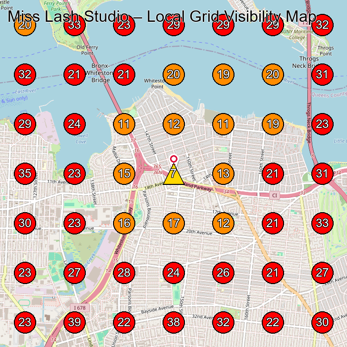 Miss Lash Studio GeoGrid visibility map for Eyelash Salon in Queens